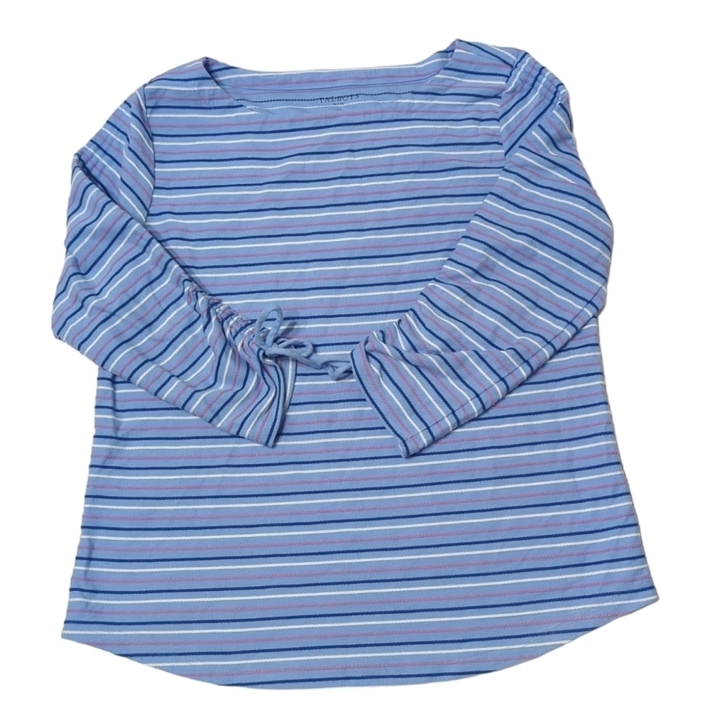 Talbots Womens Shirt Blue‎ Striped Ruched Sleeves Scoop Neck Size Large Petite